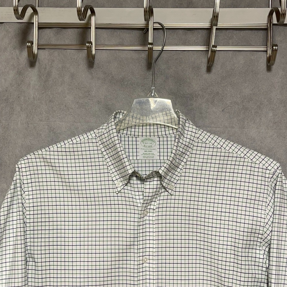 Brooks Brothers Shirt Men L White Check OCBD Milano Italy Supima Cotton 16.5-34